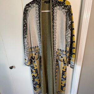 Long Open-Front Patterned Cardigan Sweater in Yellow, Gray & Black